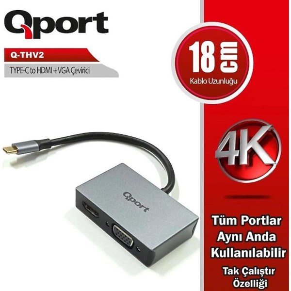 QPORT Q-THV2 TYPE C TO HDMI+VGA DÖNÜŞTÜRÜCÜ